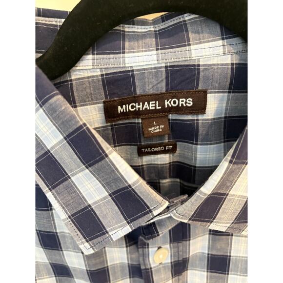 Michael Kors Men's Tailor Fit Blue Checkered Long Sleeve Shirt Size Large - Picture 3 of 5